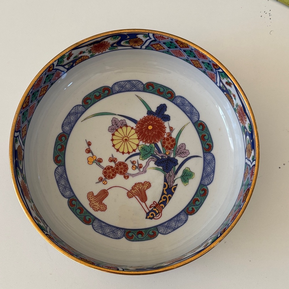 Vintage Hand-Painted Floral Decorative Bowl in Multicolor